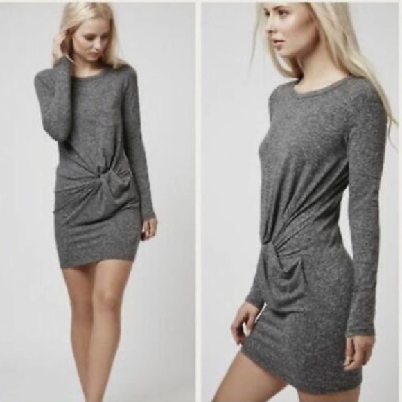 Topshop Dresses & Skirts - TOPSHOP Dress Womens Sz 2 Gray Mini Gathered Knot Twist Rushed Shirt Long Sleeve